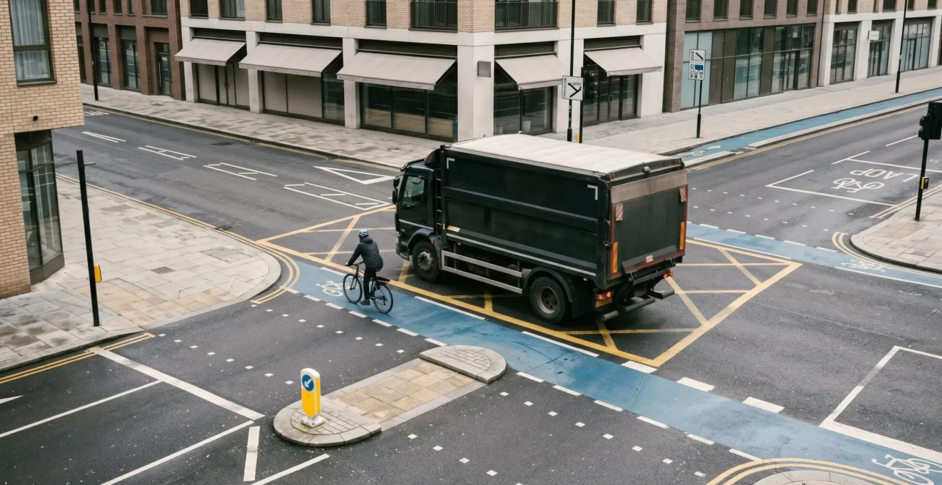 Urban intersection scene showing cyclist positioning near vehicle blind spot zone during left turn maneuver
