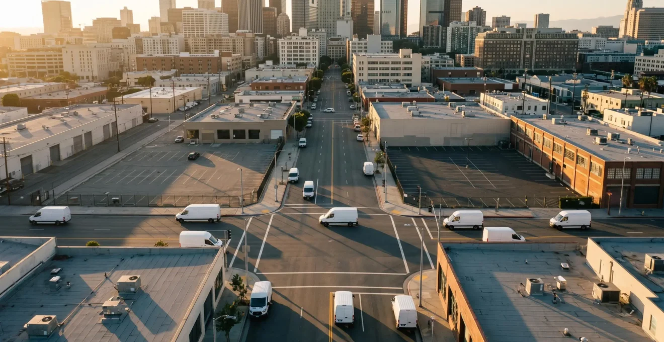 Editorial photograph depicting the complexity of urban last-mile delivery logistics with algorithmic route planning solving missed delivery challenges