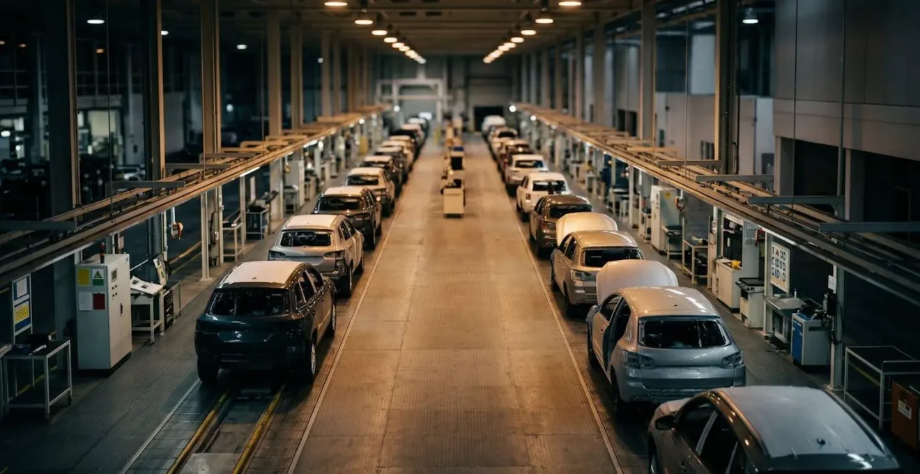 Vast automotive manufacturing facility with incomplete vehicles awaiting critical components during supply chain disruption