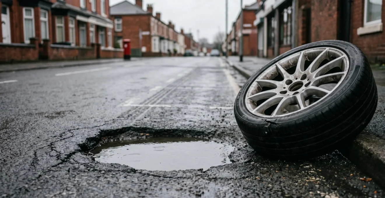 Close-up of a damaged car tyre next to a deep pothole on a wet British road showing the financial impact on UK motorists