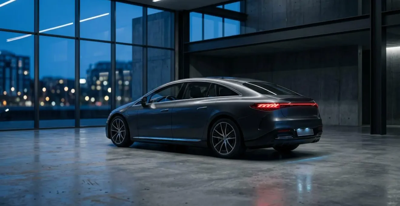 Modern vehicle receiving wireless software update in atmospheric night setting with digital connectivity visualization