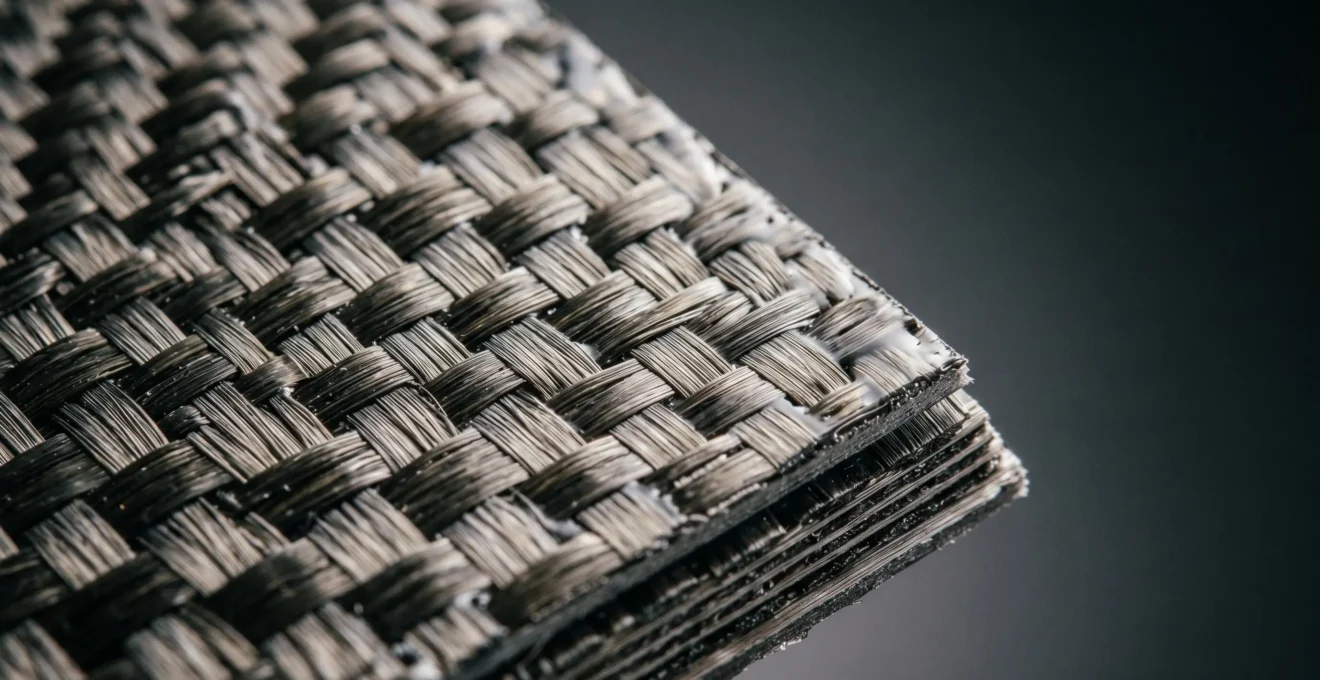 Close-up view of carbon fiber composite structure showing layered weave pattern with dramatic lighting emphasizing strength and precision engineering