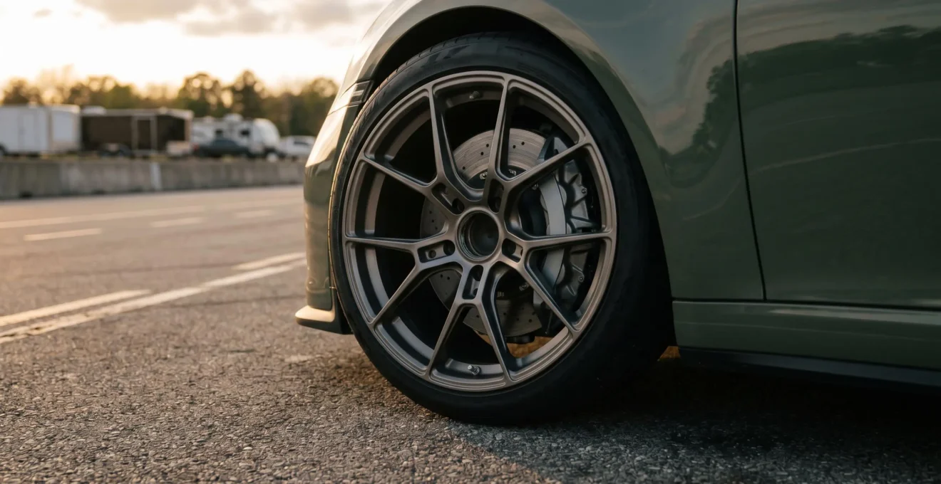 High-performance ceramic brake pads installed on track car during competitive racing session