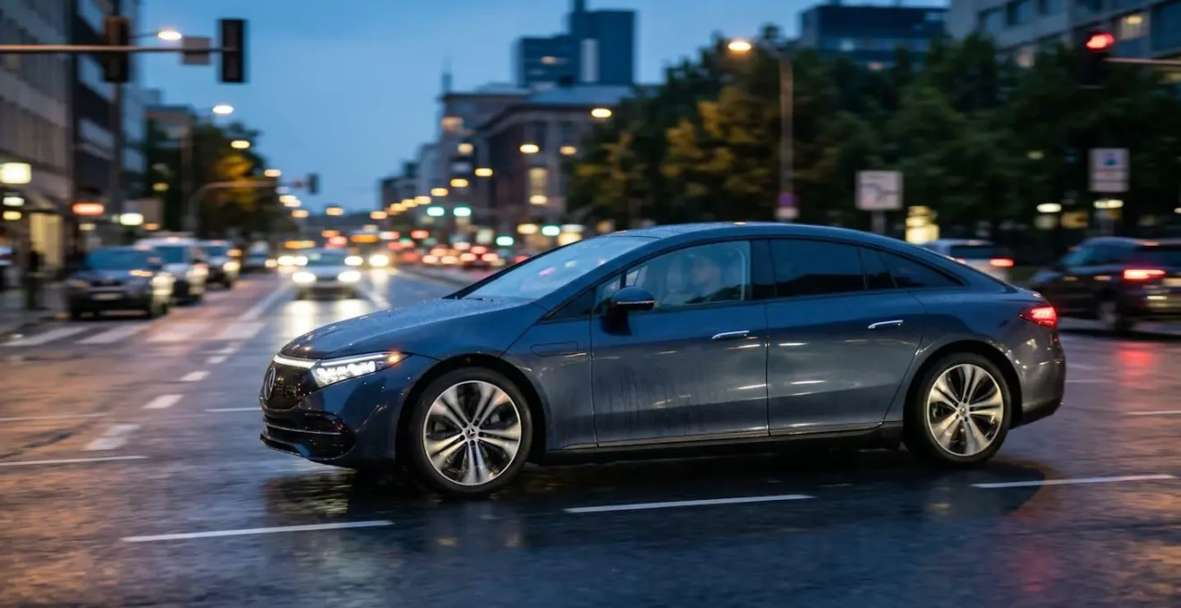 Modern electric vehicle navigating urban street with energy flow visualization