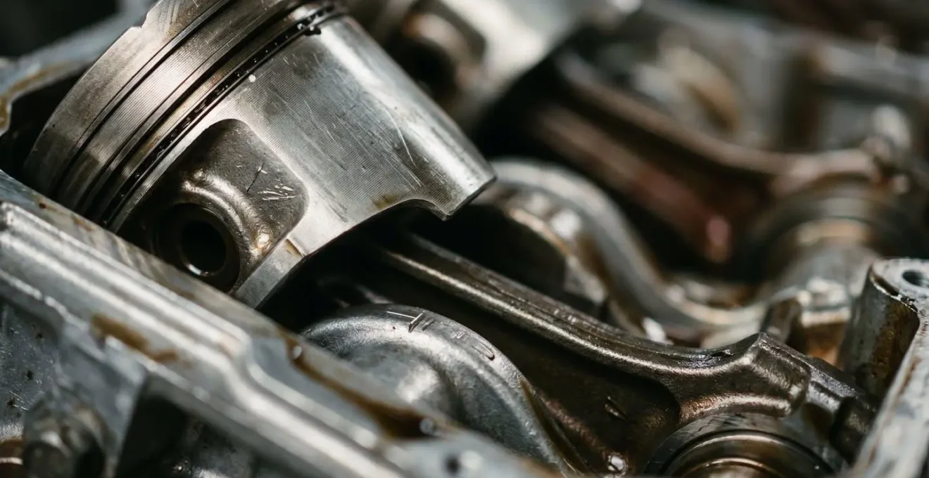 Close-up view of automotive engine components showing wear and maintenance needs