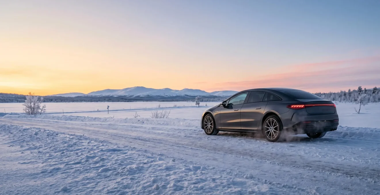 Modern electric vehicle with visible heat management system in cold weather environment