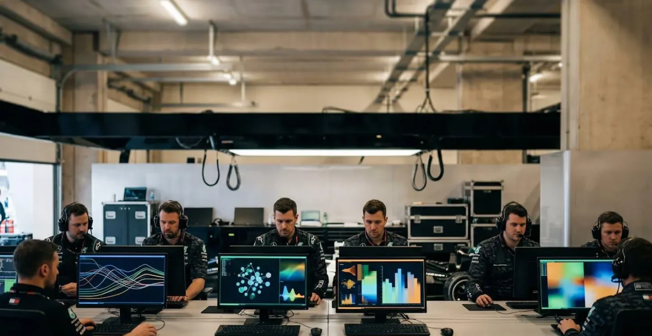 F1 race strategists analyzing real-time telemetry data from pit wall during grand prix