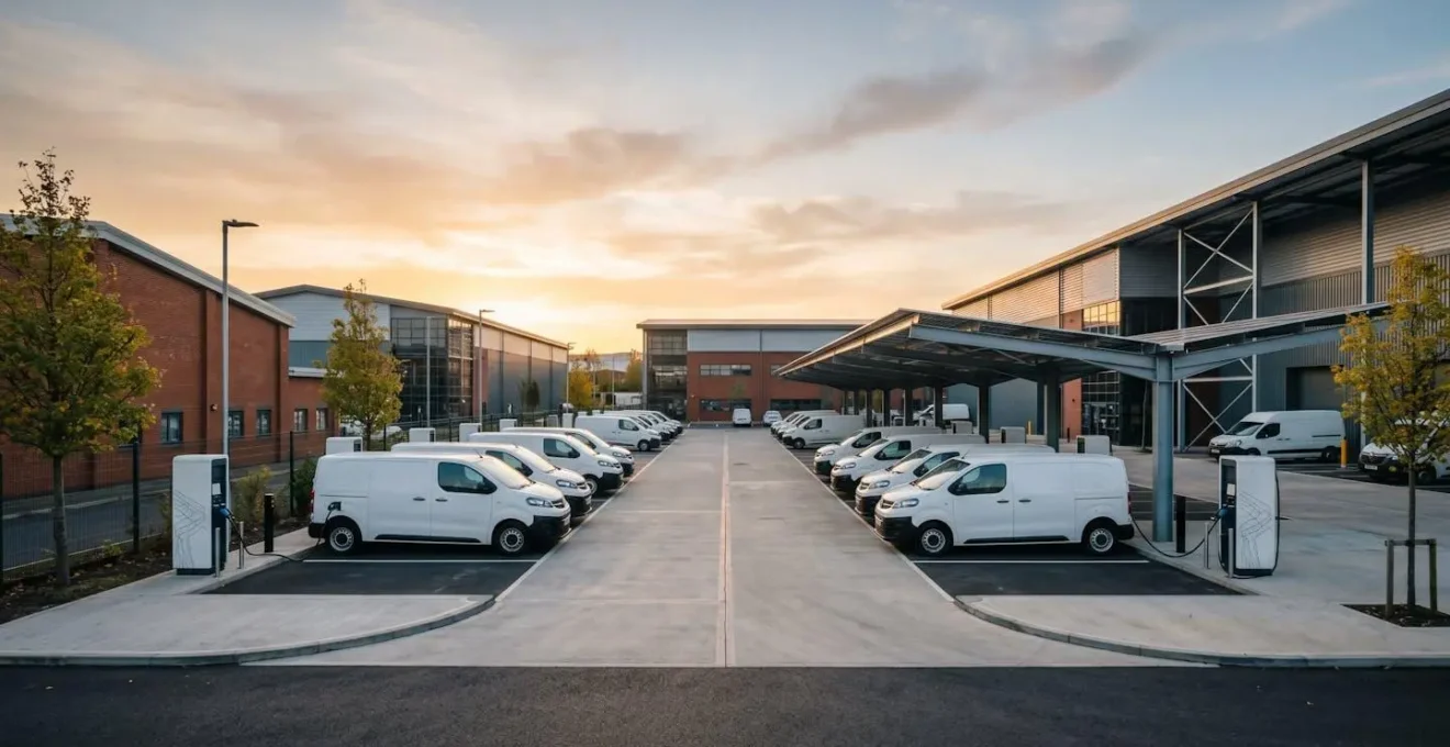 Modern electric vehicle fleet charging at depot facility with strategic infrastructure planning
