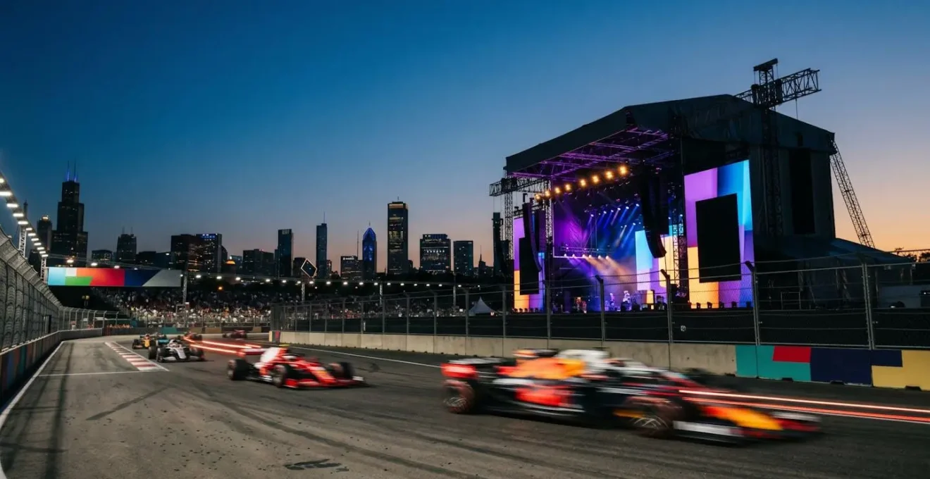 Formula 1 racing cars speeding past an illuminated concert stage under dramatic nighttime lighting at a modern street circuit