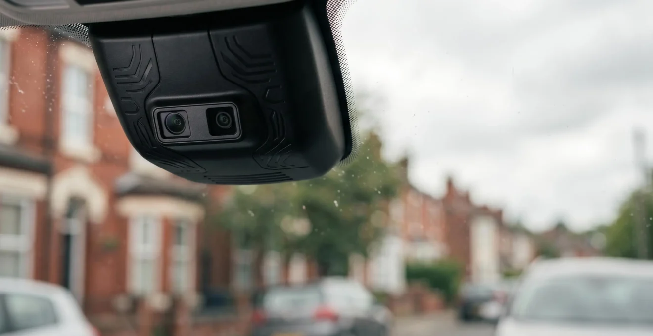 Close-up view of advanced driver assistance sensors and cameras mounted on a modern vehicle windscreen with UK urban environment visible through glass