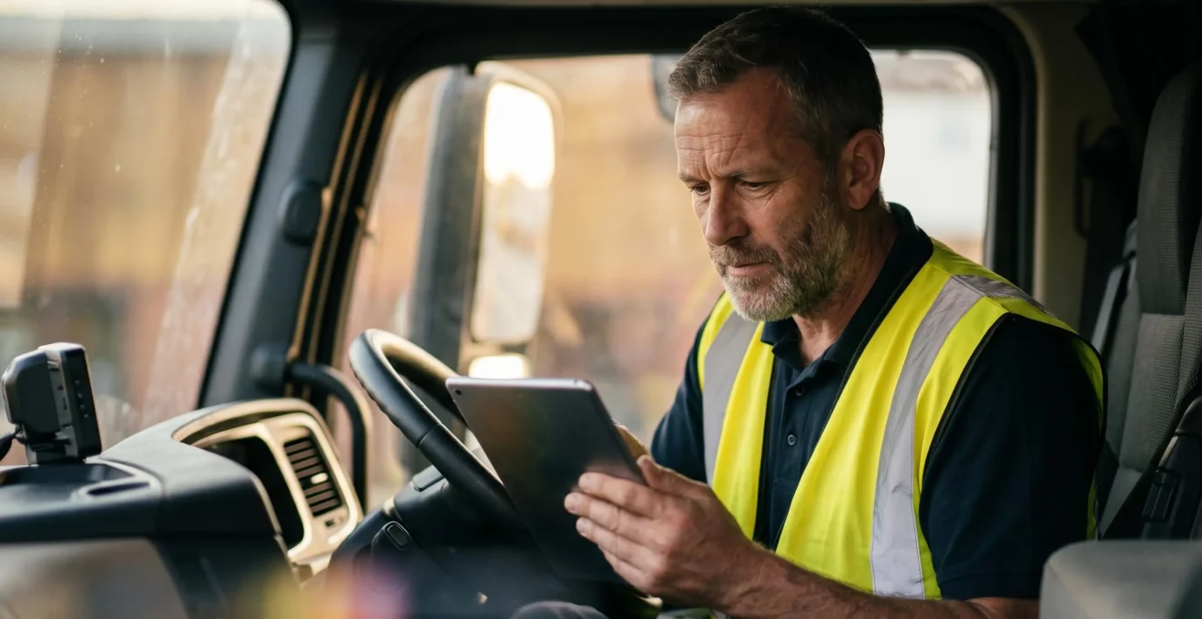 Professional HGV driver reviewing tachograph data in modern truck cab with digital compliance tools