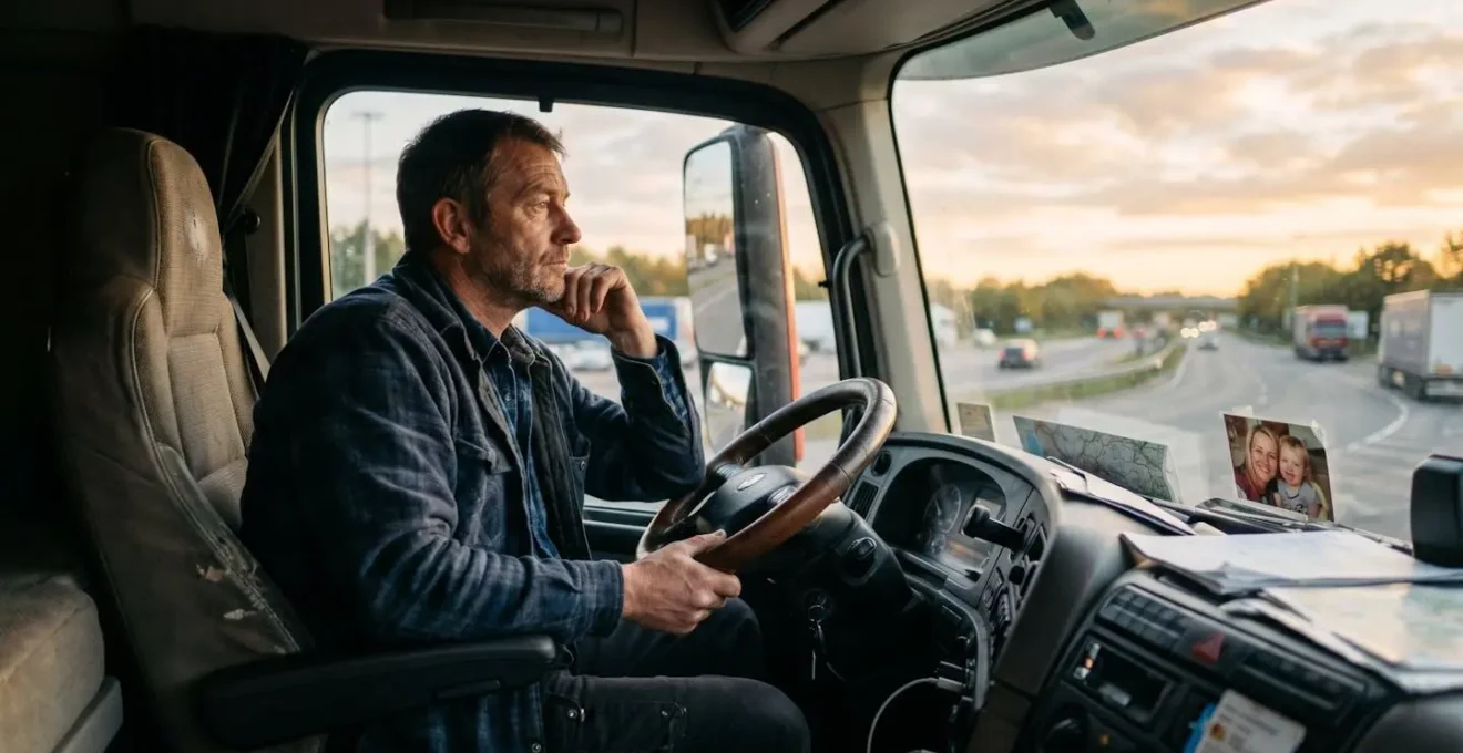 Heavy goods vehicle driver in contemplative moment inside modern truck cab, symbolizing the UK trucking industry's ongoing recruitment challenges