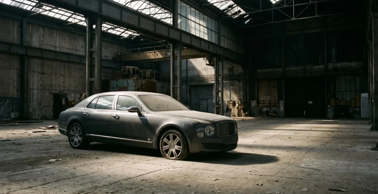 Abandoned luxury saloon car deteriorating in dramatic lighting, symbolizing rapid depreciation and hidden ownership costs