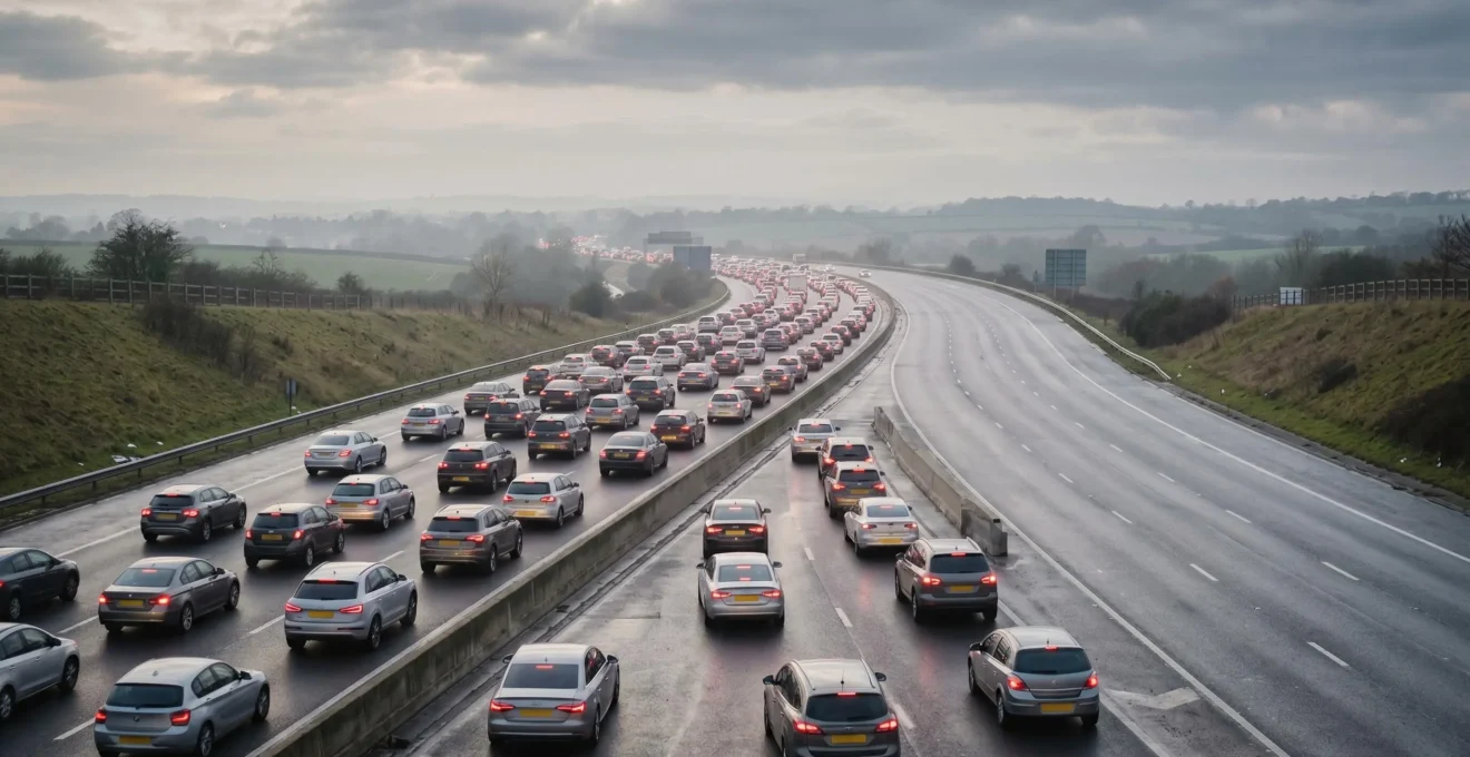 Heavy traffic congestion on a British motorway during peak commute hours with vehicles in stop-and-go pattern