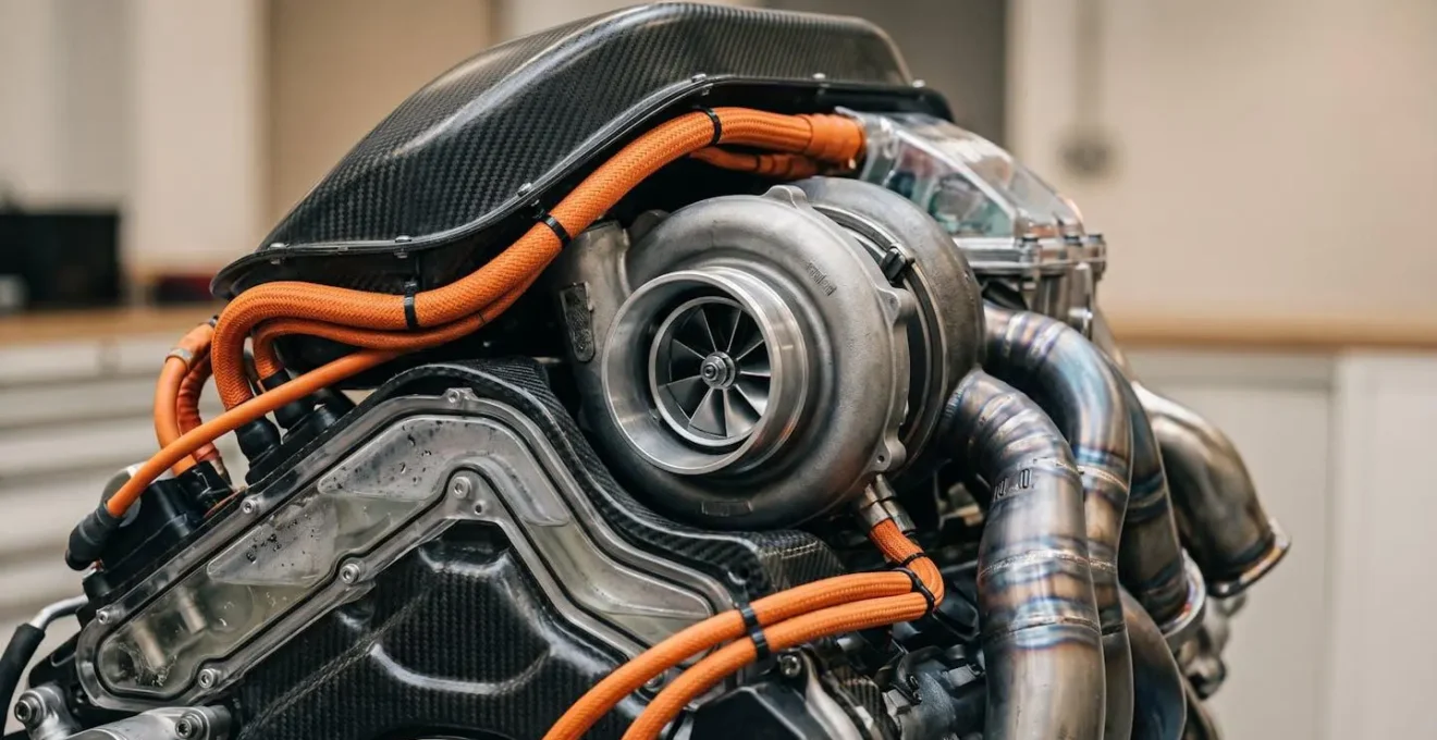 Close-up view of Formula 1 hybrid power unit components showcasing MGU-K and MGU-H systems with intricate engineering details