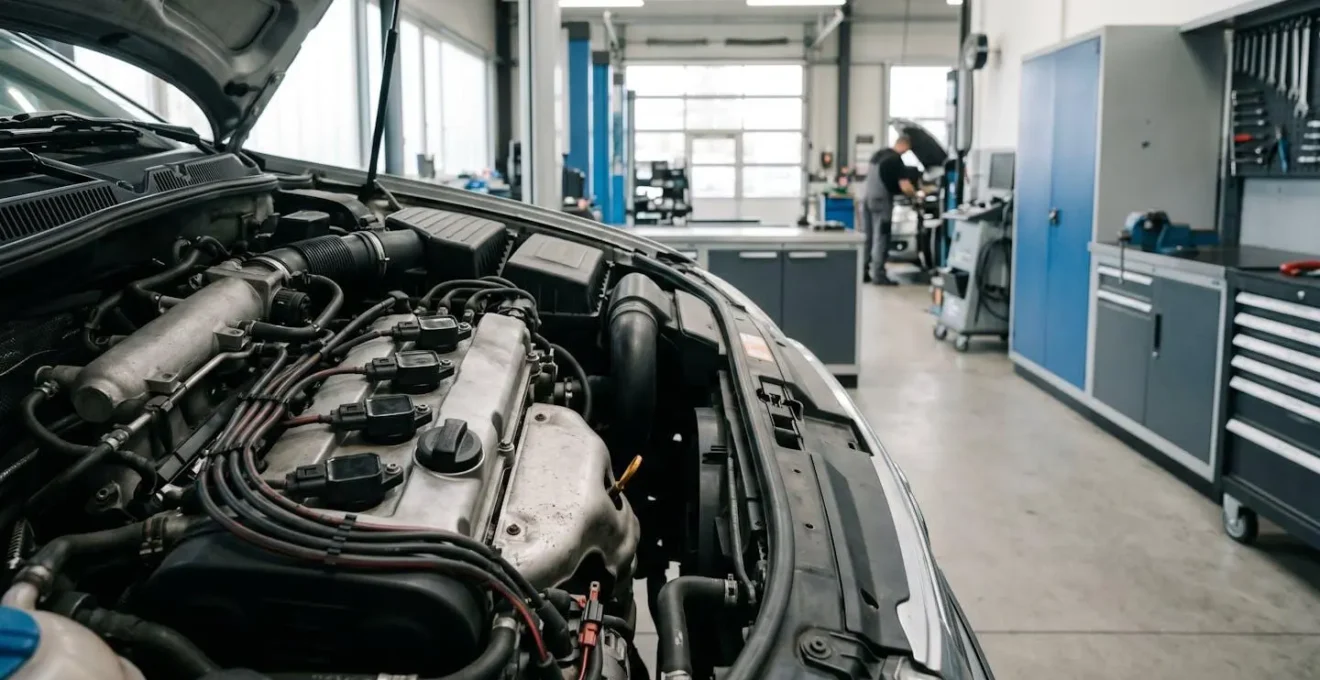 Professional automotive diagnostic scene showing ignition system components for misfire troubleshooting