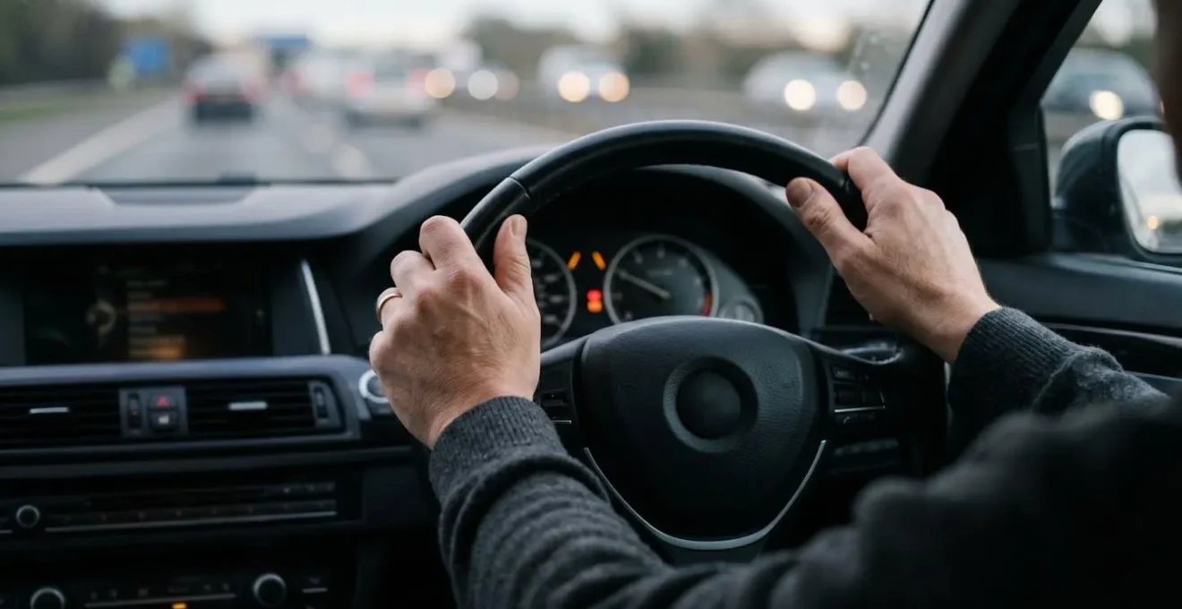 Close-up of a driver's hands resting lightly on a modern vehicle steering wheel during motorway driving with lane centering assist active