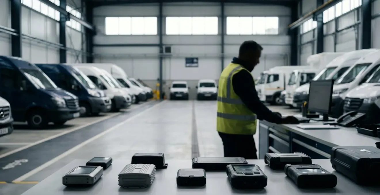 Fleet manager reviewing real-time vehicle health analytics on predictive telematics dashboard showing cost savings and breakdown prevention metrics