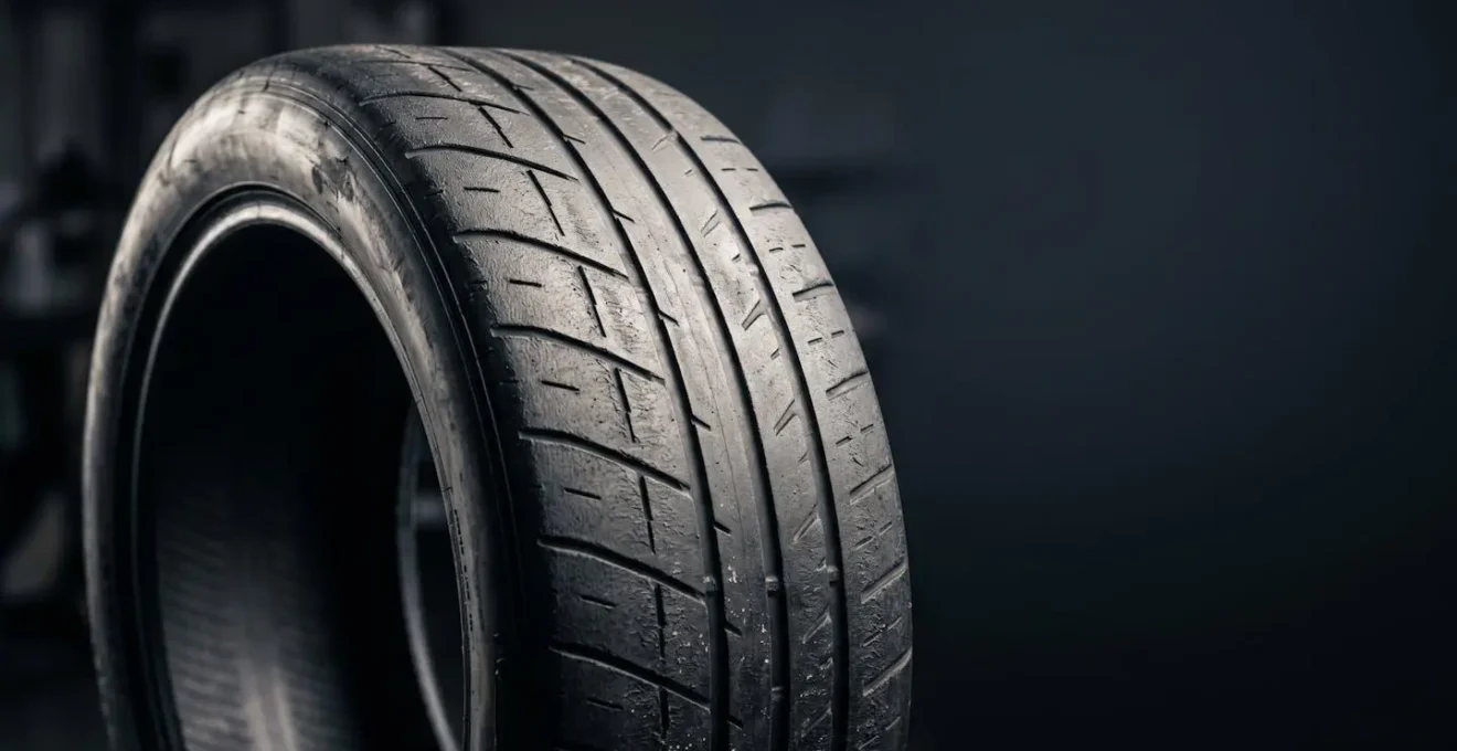 Close-up of a racing tyre showing structural degradation beneath the tread surface