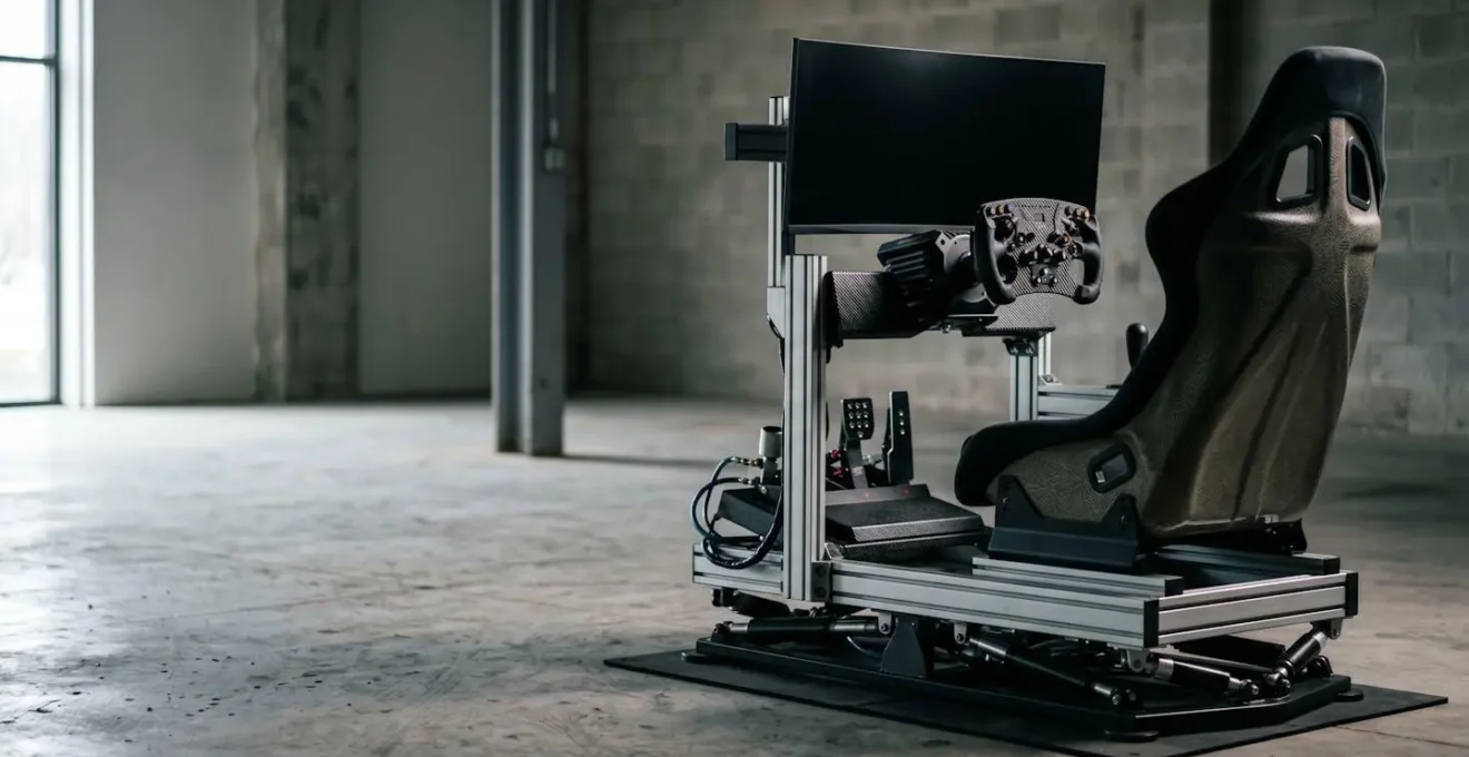 High-end sim racing setup with motion platform and triple screens showcasing the bridge between virtual and real motorsport