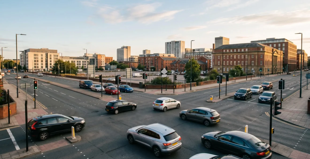 Aerial view of urban traffic flowing through a smart city intersection with connected vehicles