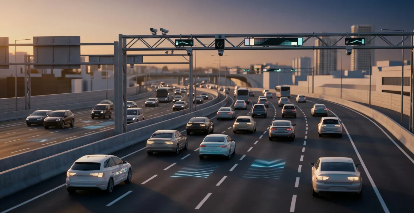Modern smart motorway with connected vehicles communicating through V2X technology for enhanced safety