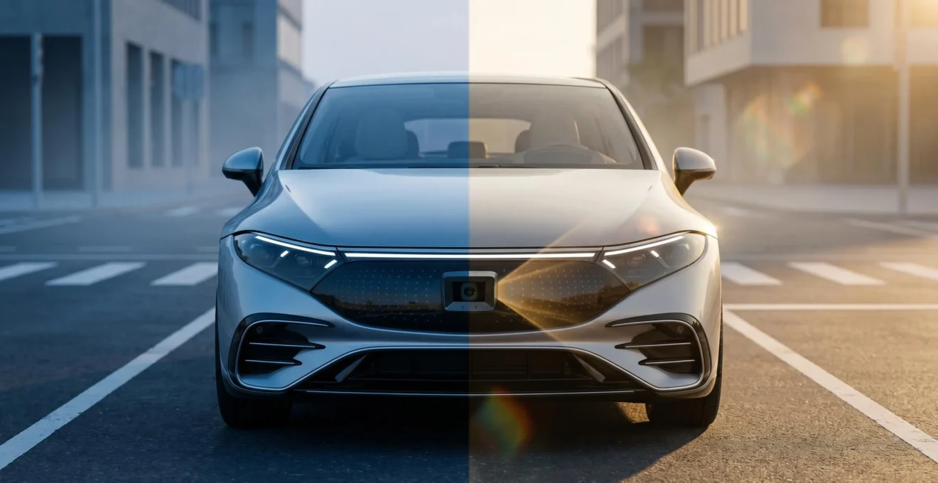 Side-by-side comparison of advanced sensor technology for autonomous vehicles showing the contrast between camera-based and laser-based perception systems