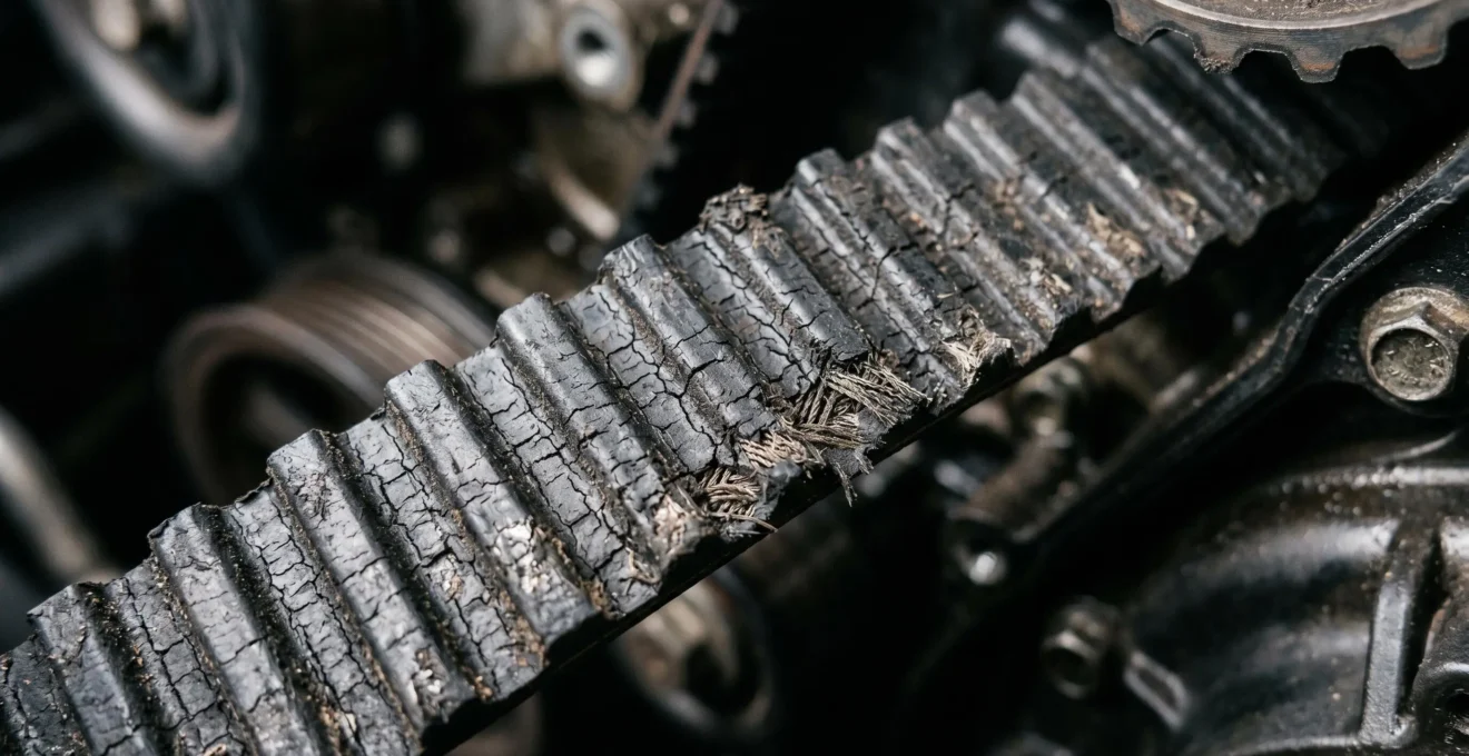 Close-up of a worn automotive timing belt showing stress fractures and degradation against dark engine components