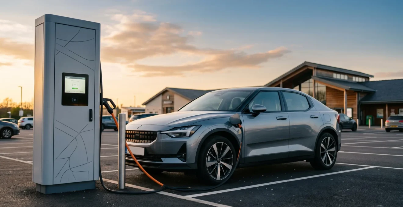 Modern electric vehicle charging at UK motorway service station with clean composition showing charging infrastructure