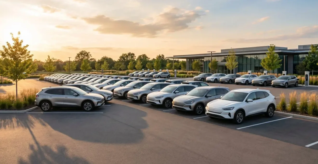 Fleet of plug-in hybrid vehicles at charging station with cost analysis visual metaphor
