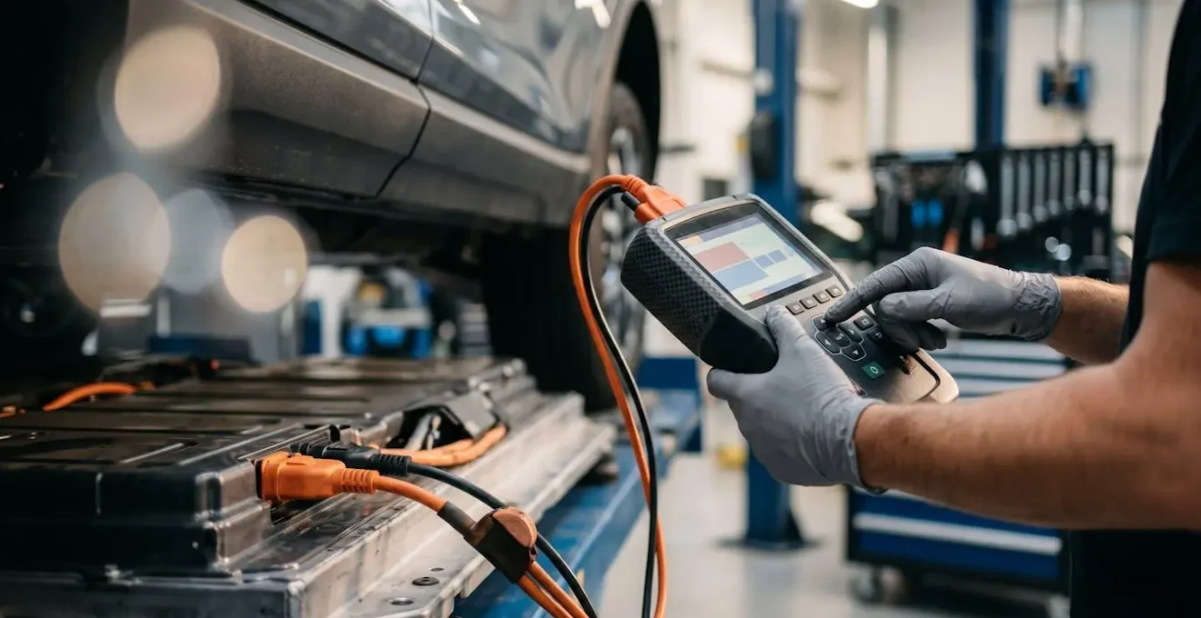 Professional diagnostic tools checking electric vehicle battery health in automotive workshop